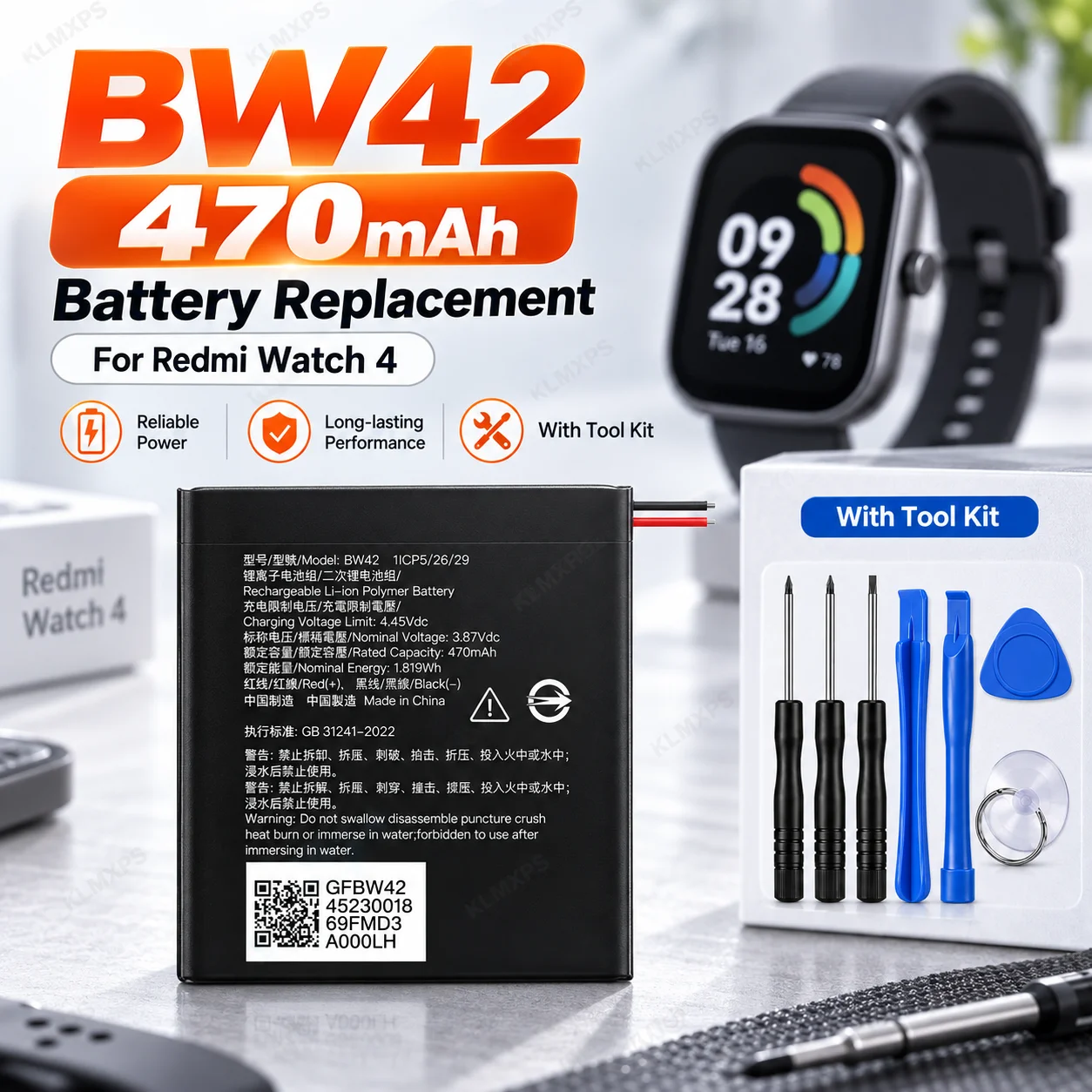 BW42 470mAh Battery Replacement for Redmi Watch 4 M2314W1 Smart Watch Lithium Polymer Rechargeable Battery with Repair Tool Kit
