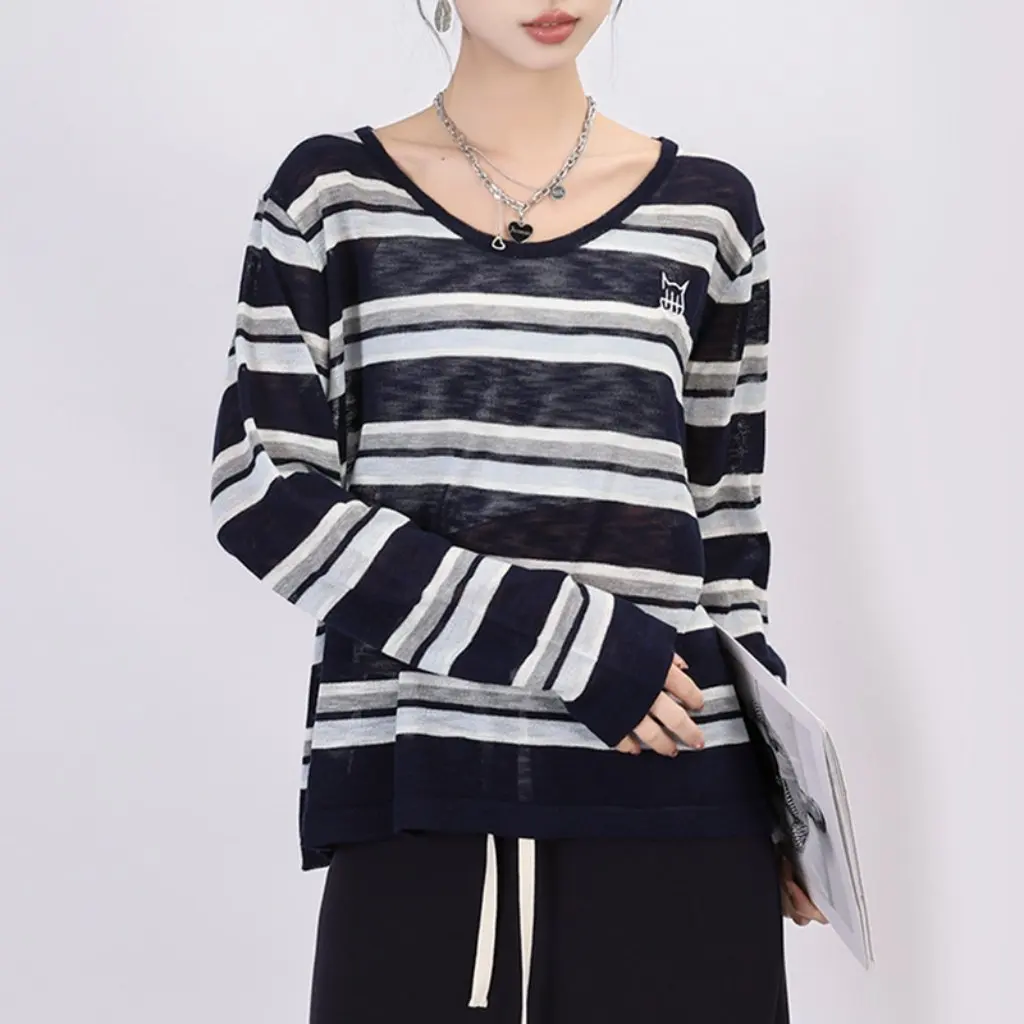 

Philippines Cat Head V-neck Striped Linen Knitted Top Women Early Autumn New Loose Versatile Long Sleeve T-shirt