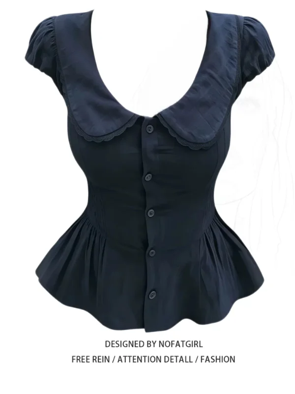 

plus Size Women's Shirt Puffy Sleeve Waist Cinching Design Doll Collar Summer New Style Slimming Effect Korean Style Commute ...