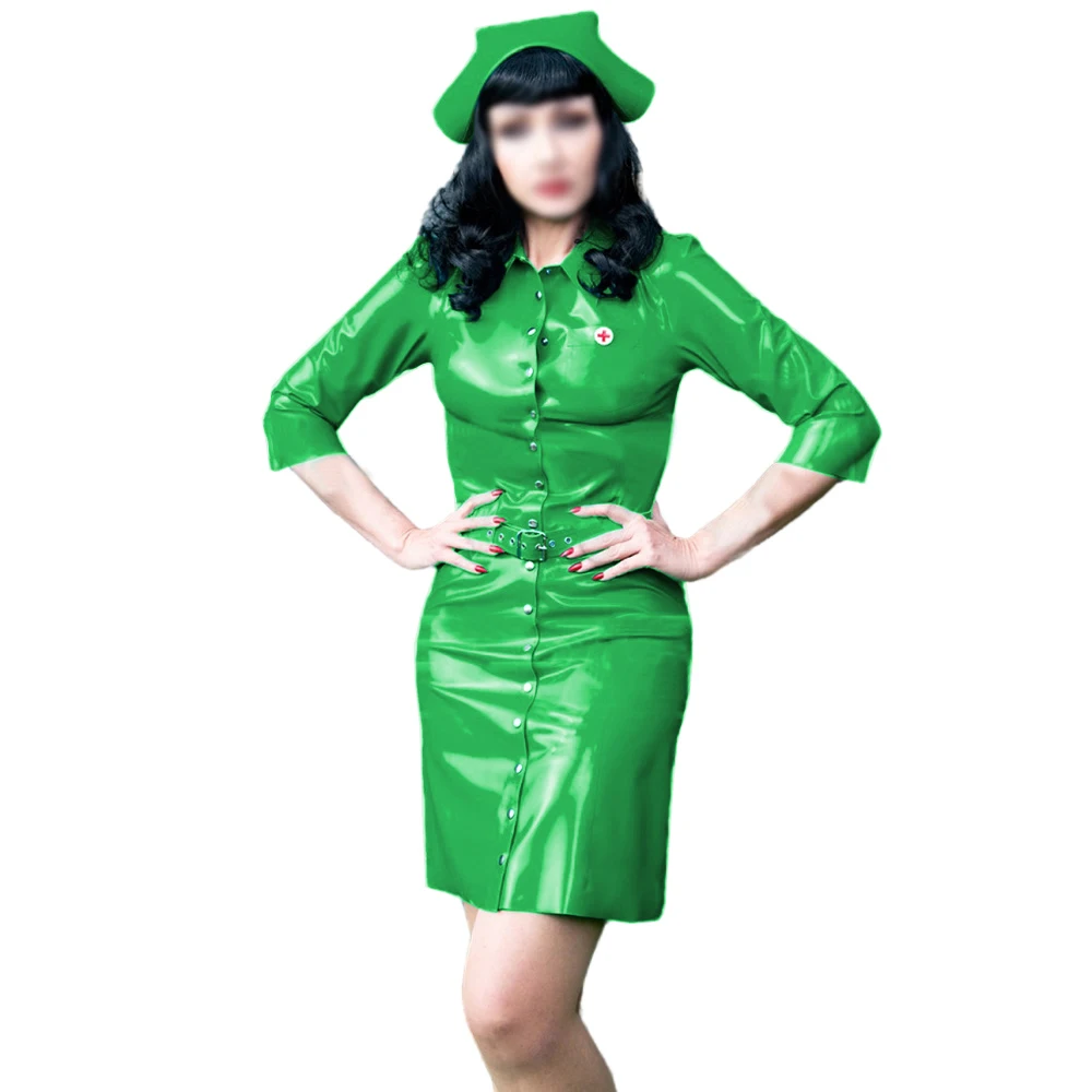 Faux PVC Latex Nurse Uniform with Turn-down Collar,Bodycon Mini Pencil Dress,Belt Hat, Halloween Party,Club Outfits,Sexy Cosplay