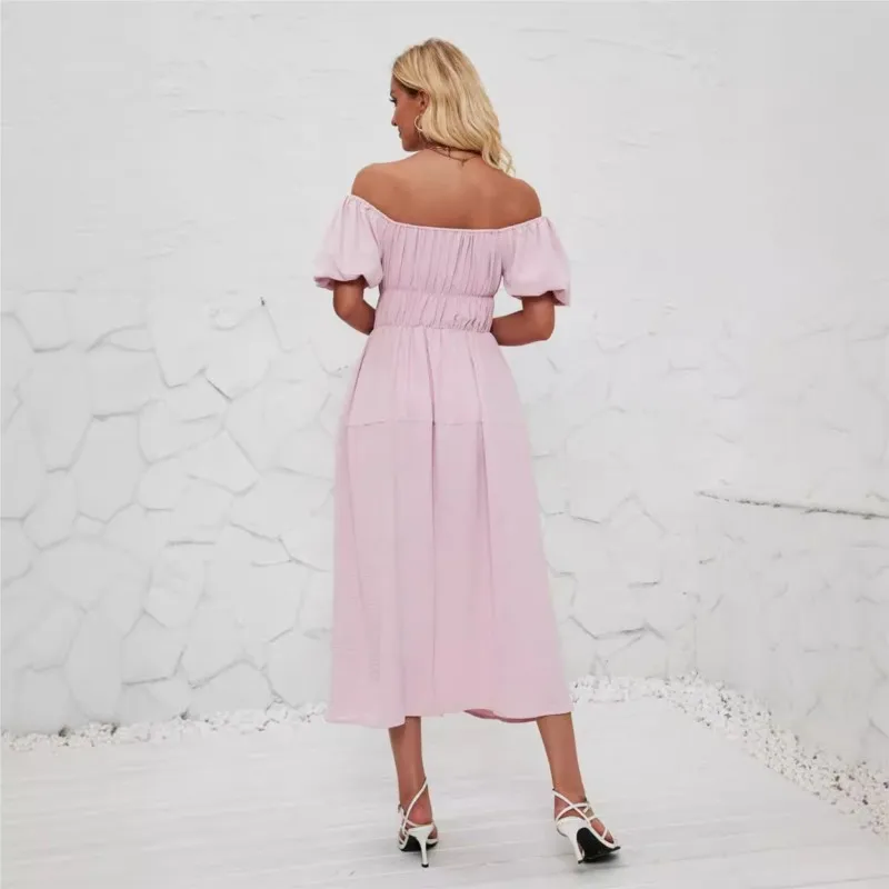 2025 Spring/Summer Fashion New Women's Off Shoulder Dress Casual Loose Bubble Sleeves Elegant Shrink Fold Dress