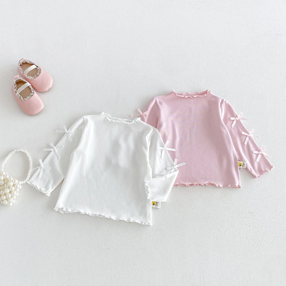 MILANCEL Kids' Tops and T-shirts 6M-5T Autumn Solid Color Girls Tee Cute Bow Comfortable Baby Undershirt Children Clothes