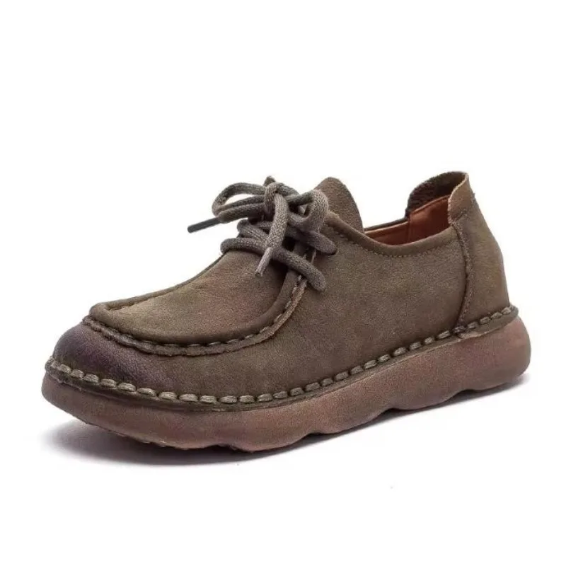 

Женские туфли на плоской подошве, весенне-осенние, с круглым носком, в стиле ретро, ручной работы, из натуральной коровьей кожи, на шнуровке, мягкие повседневные туфли для женщин