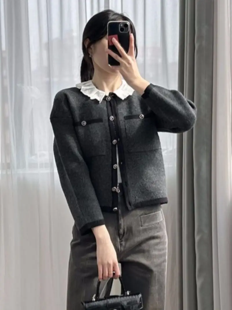 Women Gray Coat Detachable Ruffled Collar Single Breasted Long Sleeve Sweet Spring 2024 Jacket