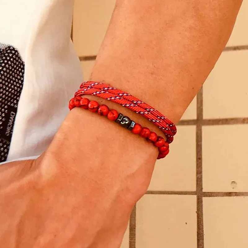 

Trendy 2Pcs Men Bracelet Set Handmade Adjustable Paracord Braslet Lucky Red Turquoise Stone Braclet Meditation Onyx Beaded Joias
