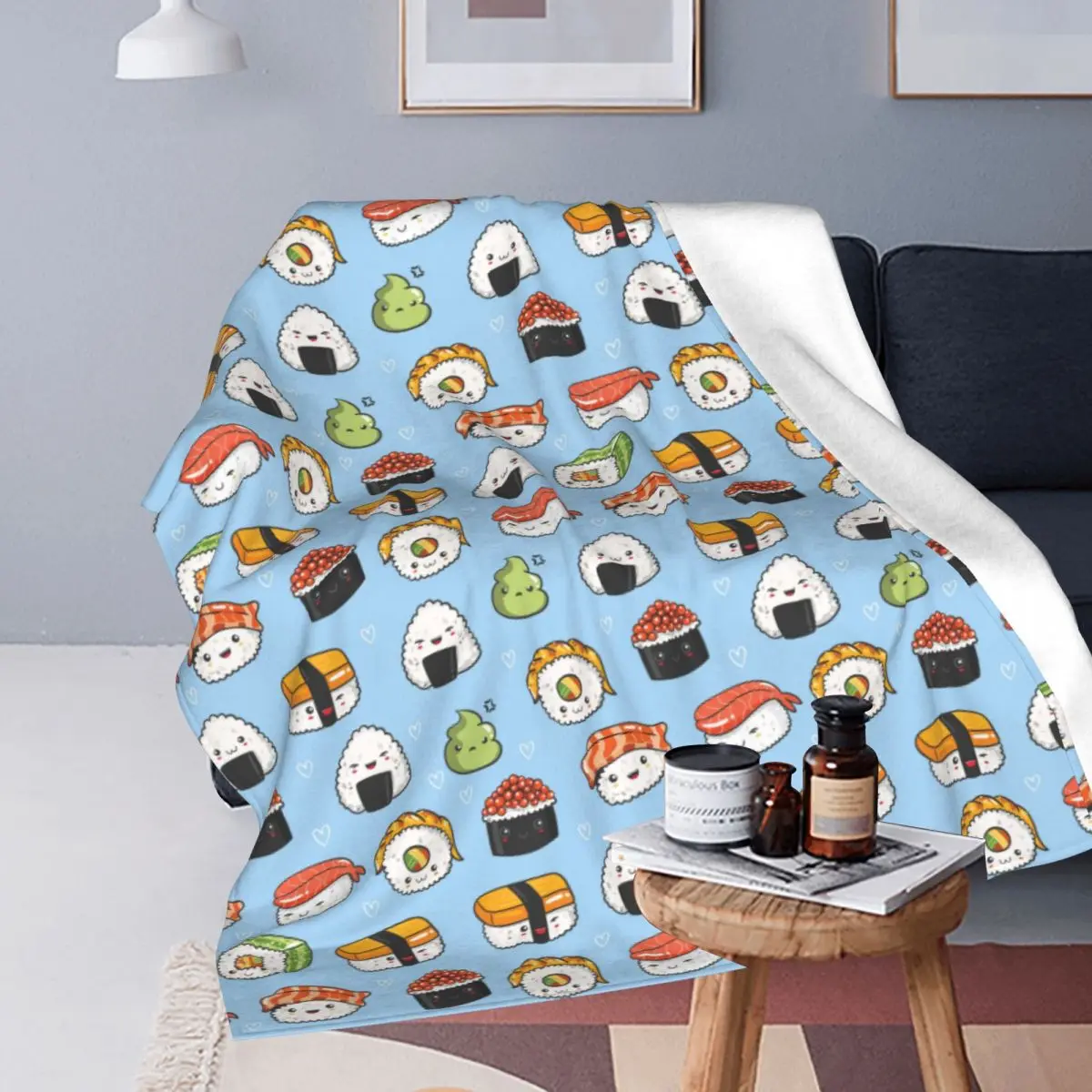 Cute Cartoon Sushi Pattern Blanket Flannel Summer Multi-function Super Soft Throw Blanket for Home Travel Quilt