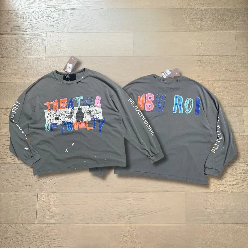 2026ss Vintage Gray Damaged Hole Satoshi Nakamoto Tee for Men Women Colorful Letters Graffiti Long Sleeve T-Shirt with Tag