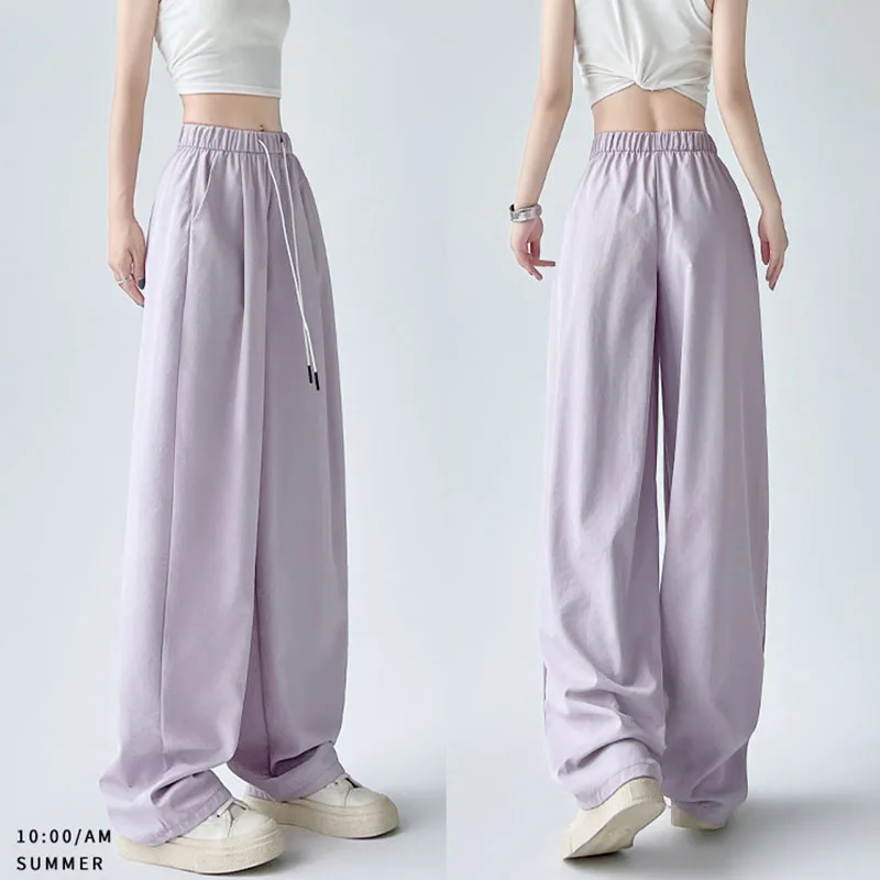 Women's Summer Casual Pants Versatile Elastic Waist Drawstring Wide Leg Trousers Female Solid Color Quick Drying Baggy Pants