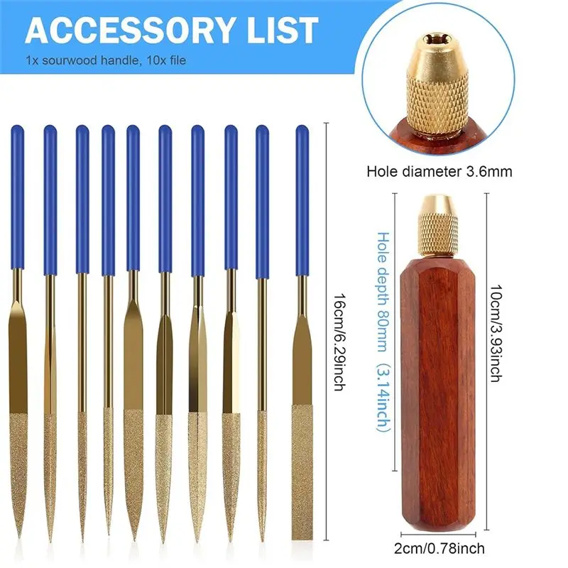 [NEWA08R】 10 Pcs Needle File Set, Wooden Handles With Brass Collet Chuck, Balance Shock Absorbing Wood Handle File