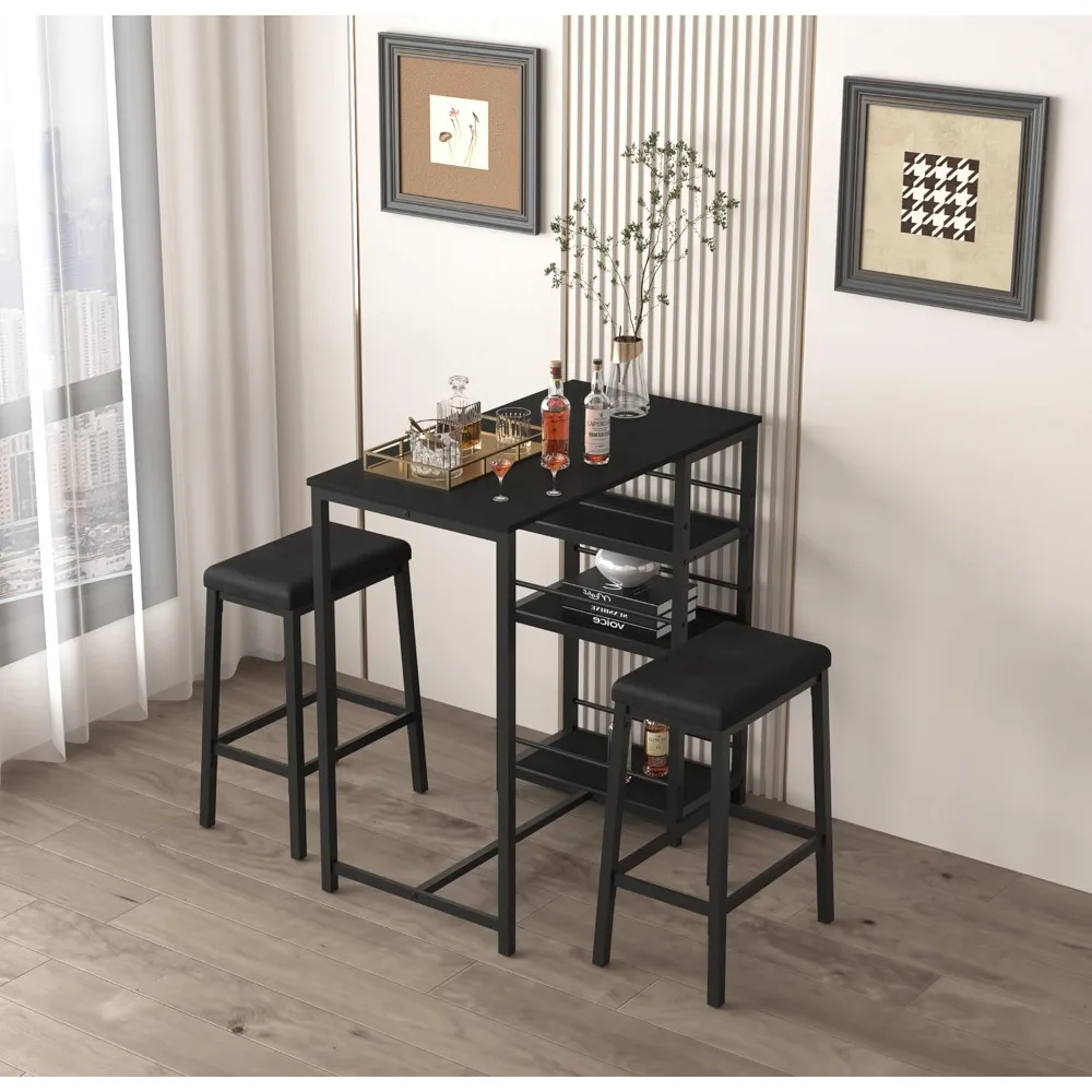 

3 Piece Modern Counter Height Pub Set with 2 Storage Shelves and 2 PU Leather Upholstered Bar Stools, Dining Table Set for 2 (B