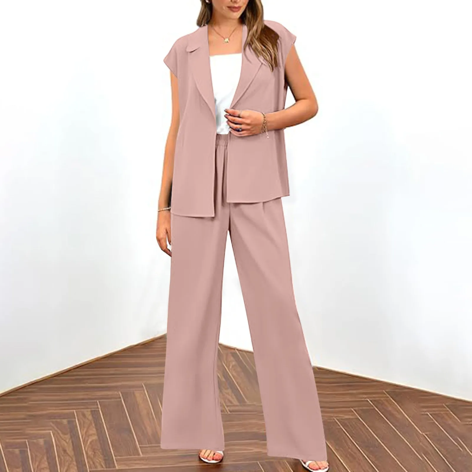 Conjuntos de 2 peças para mulheres, mangas de boné, colete com decote V, calças largas soltas, roupas simples e elegantes, deslocamento diário, verão