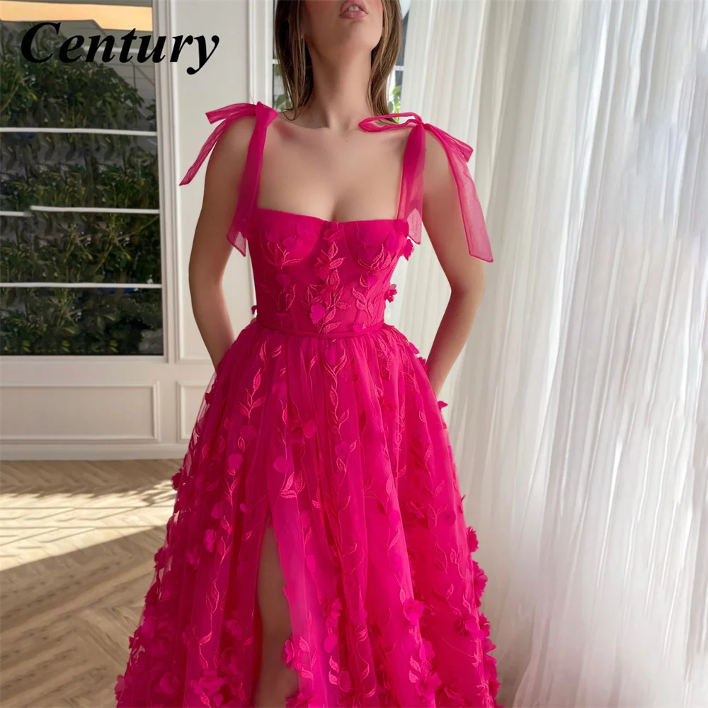 Customized Sweetheart Evening Party Gowns with Slit Applique 3D Fuchsia Flowers Prom Dress Floor Length Celebrity Dresses Custom