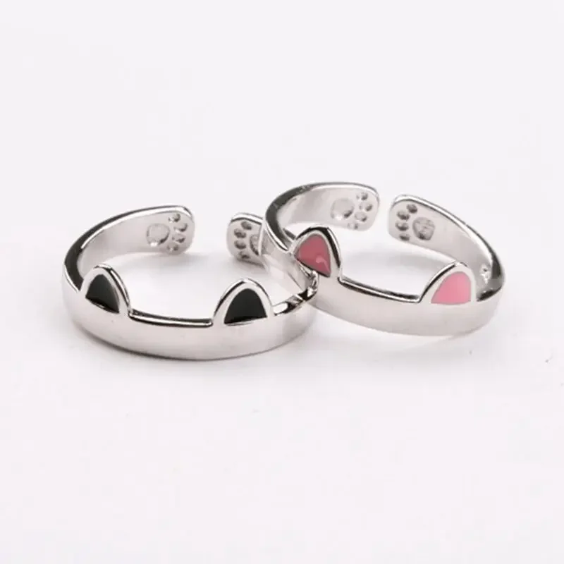 Adjustable Ring Gift Silver Pink Cat Earrings Open Design Fashion Jewelry Ring Women Girls Children Gift Cute