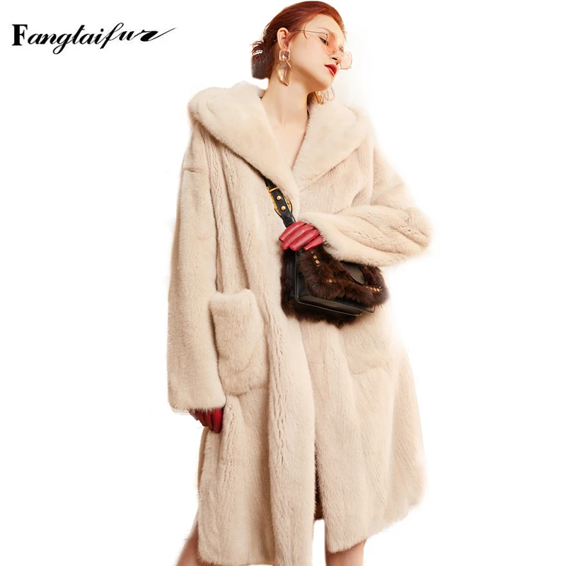 Ftangaiur Women's Velvet Mink Fur Coat Winter Import Loose Long Sleeve with Fur Hood Natural Real Mink Outerwear Women Coats