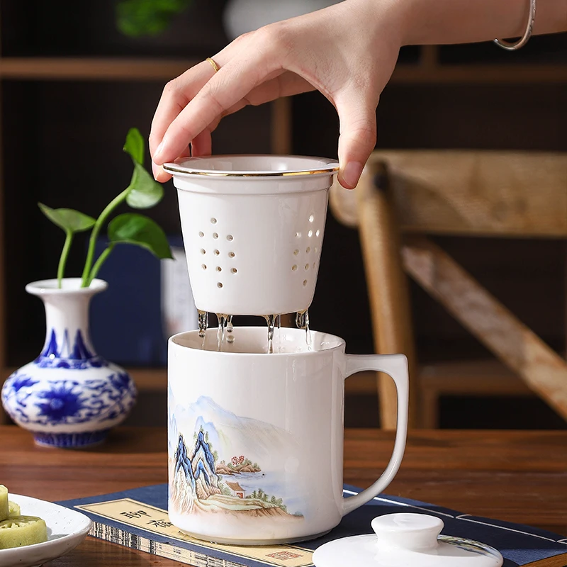 Chinese Style Pattern Tea Filtering Separation Cups, With Cover White Porcelain, Personal Mug, Drinkware Ceramic Office Cup, 1Pc