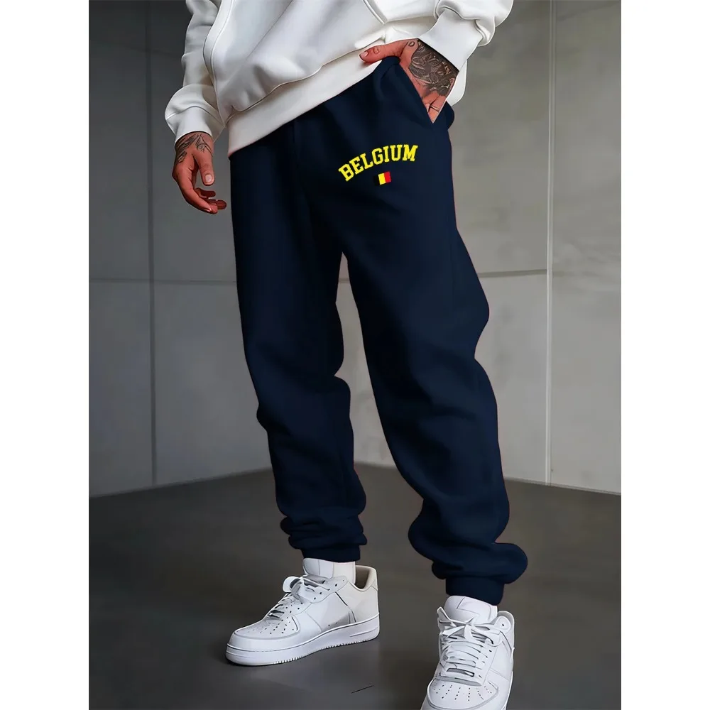 Бельгийский текст с принтом флага, спортивные штаны, мужские зимние брюки, флисовые теплые универсальные брюки для бега, базовая свободная мужская одежда