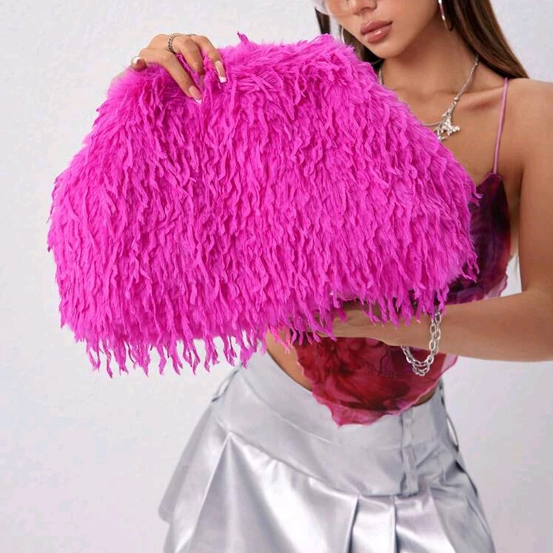 Women's Y2K Hot Pink Shaggy Faux Fur Clutch Bag Oversized Fluffy Fringe Handbag for Rave Party Evening