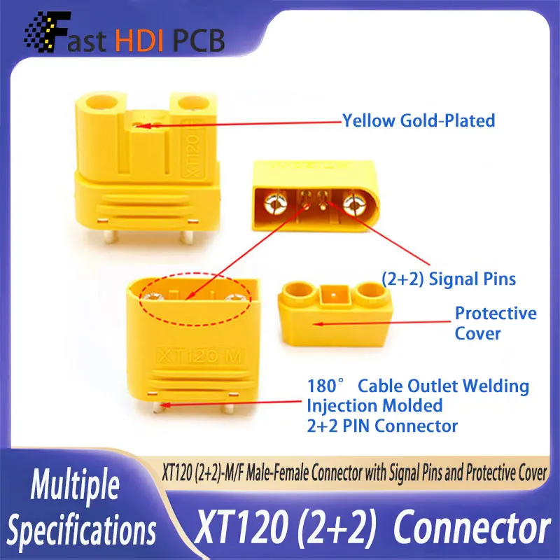 Connettore Heavy Duty XT120(2+2) per Batterie al Litio & Droni, Portata 60A, 500V CC, Guscio in PA, Pino di Segnale Oro-Placcato
