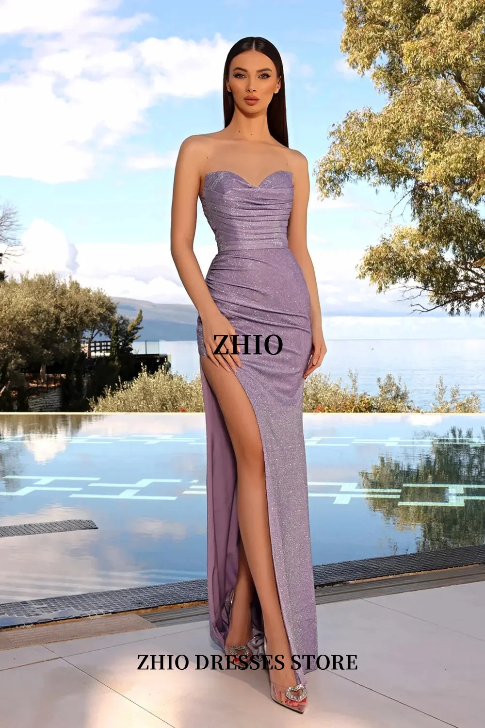 ZHIO نساء حورية البحر الشمبانيا فساتين ماكسي مسائية أنيقة خارج الكتف ترتر سبليت فساتين لحضور الحفلات الموسيقية الرسمية للحزب مخصص