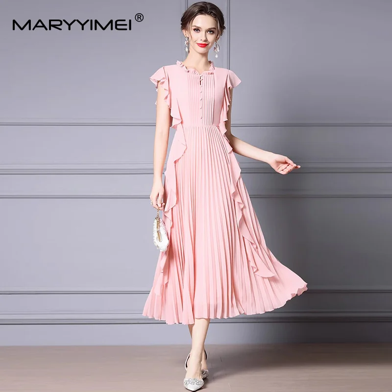 

MARYYIMEI Solid Short-Sleeved A-Line Dress For Women Butterfly sleeve Pleated Splicing Flounced Edge Dresses Spring Summer New