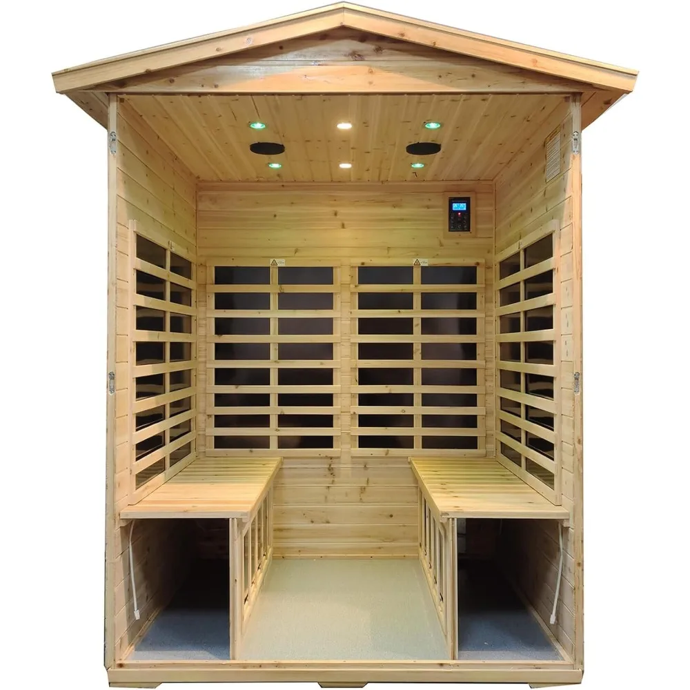 Far Infrared Wooden Sauna Room, 4 Person Outdoor Size with 2050W, 8 Low EMF Heaters, 2 Bluetooth Speakers, 2 LED Reading Lamp an