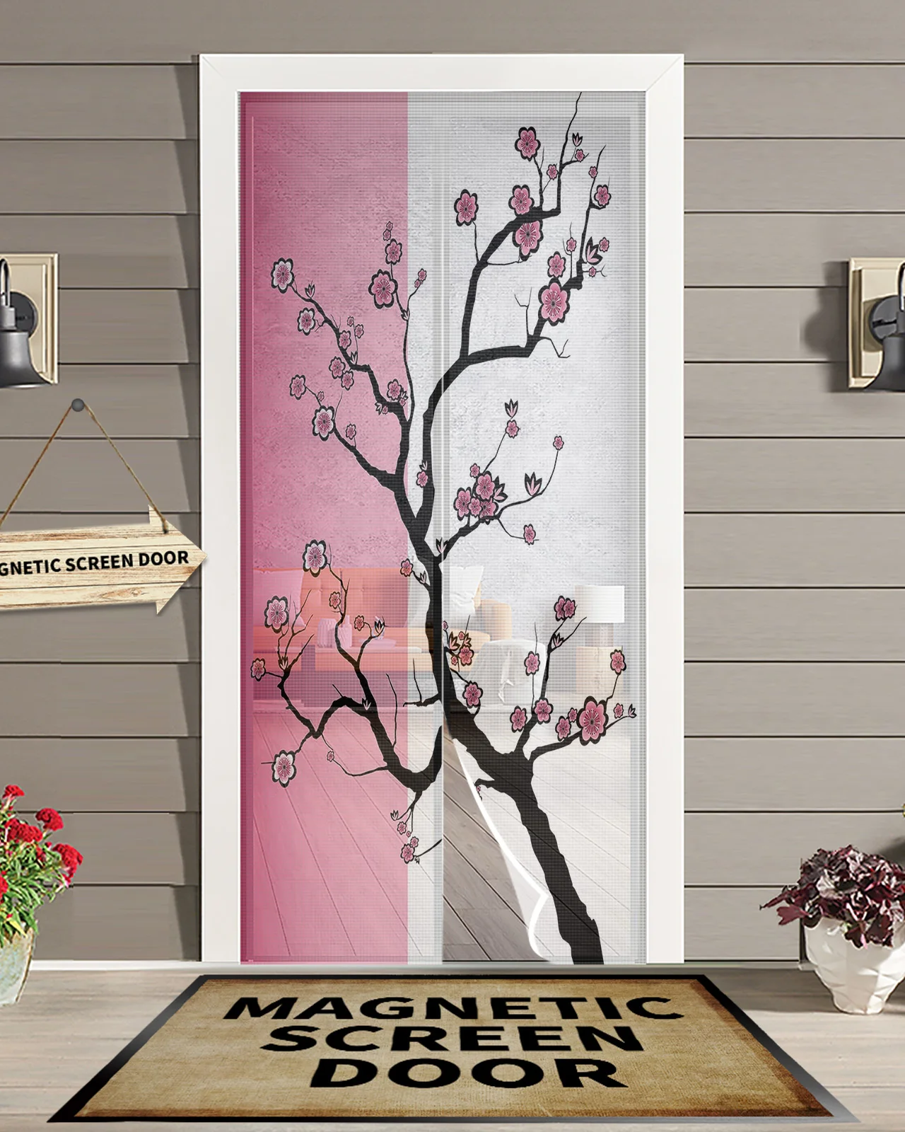 Pink Cherry Blossoms Summer Magnetic Mosquito Net Anti Insect Fly Bug Magnetic Screen Door Curtains