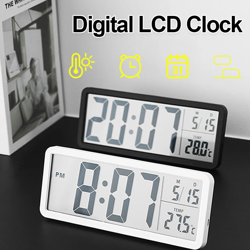 Digital Wall Clock Electronic Wall Mounted LCD Clock Modern Desktop Alarm Clock Bedroom Home Decor with Date Temperature Display