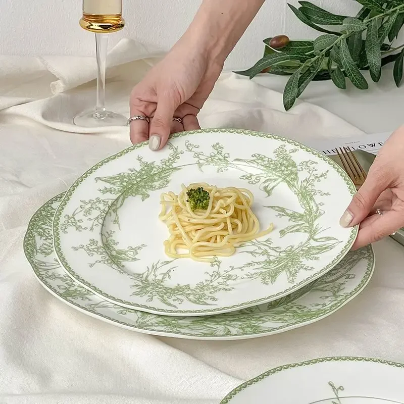 European Style Jade Green Lily of The Valley Series High-end Exquisite Bone China Western Dining Plate Dessert Plate Tableware