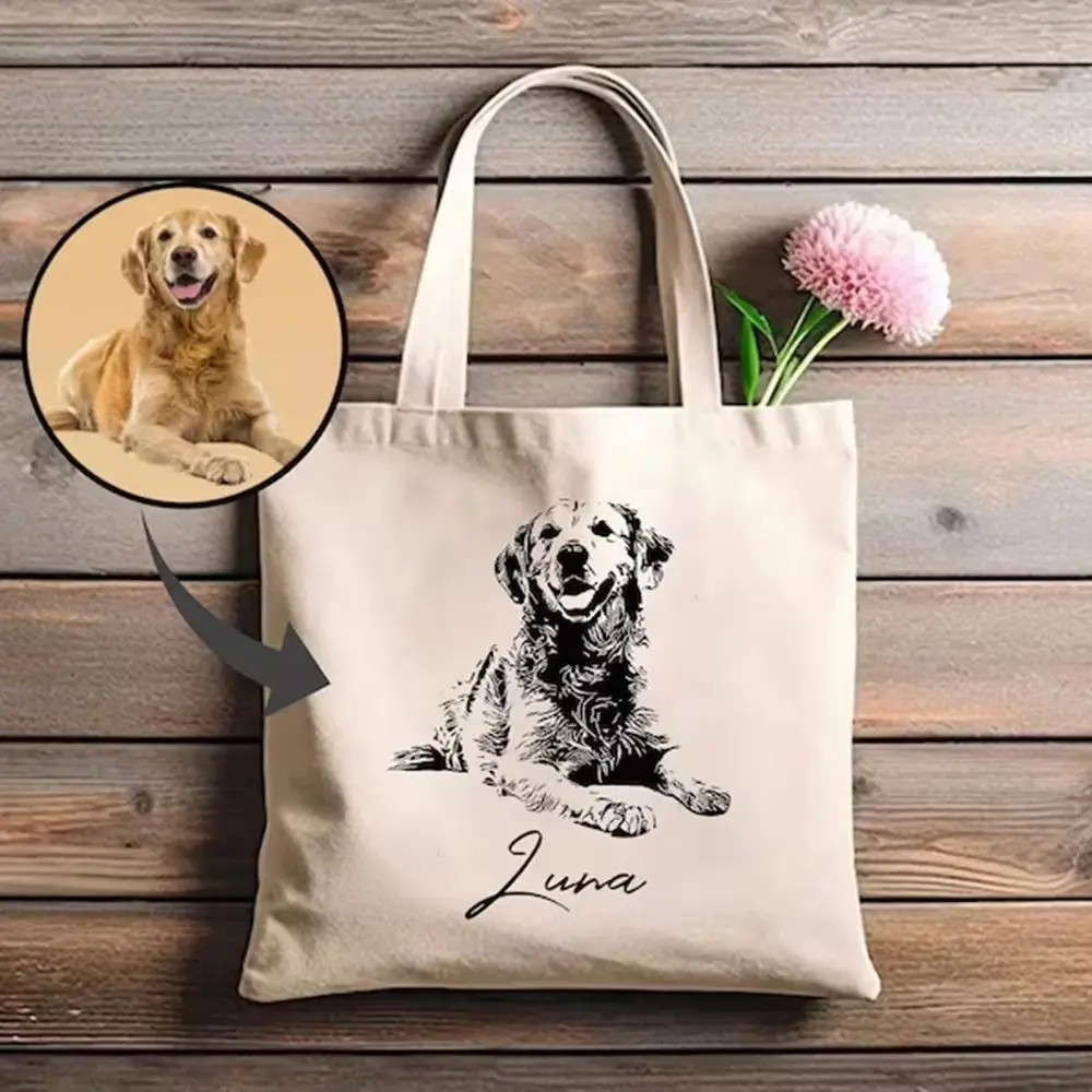 

Canvas Tote Bag Personalized Custom Cotton Shopping Bag Pet Photo Print Reusable Shoulder Bag Dog Mom Gift Dog Owner Gift