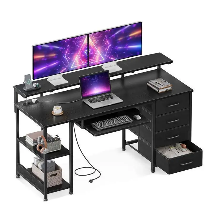 Scrivania Coleshome con 4 cassetti, 140x52x92 cm, scrivania per computer con presa di corrente e porta USB, scrivania da gaming, tavolo da scrivania con ripiani regolabili per la casa, colore nero.