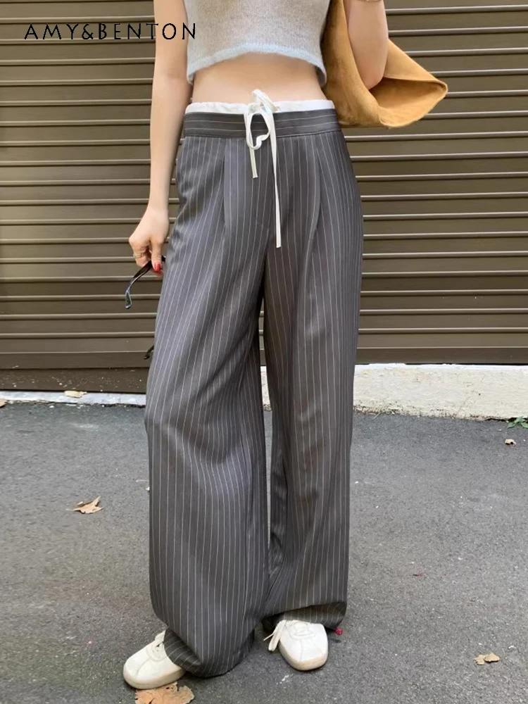 

Spring New Korea Chic Vintage Patchwork Color High Waist Lace-up Wide Leg Pants Fashion All-Matching Striped Casual Pants Women