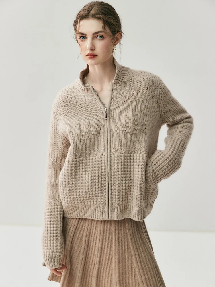 

Осень-зима, 100% кашемировый кардиган, свитер, воротник-стойка, карман на молнии, свободная универсальная женская вязаная куртка, элитная