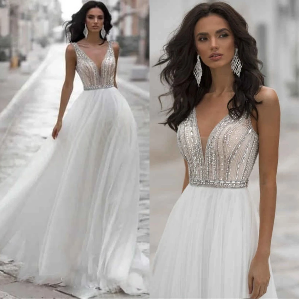 Customized Exquisite Tulle Evening Dress Exquisite V-Neck Sleeveless Prom Dresses Temperament Crystal Special Occasion Gowns