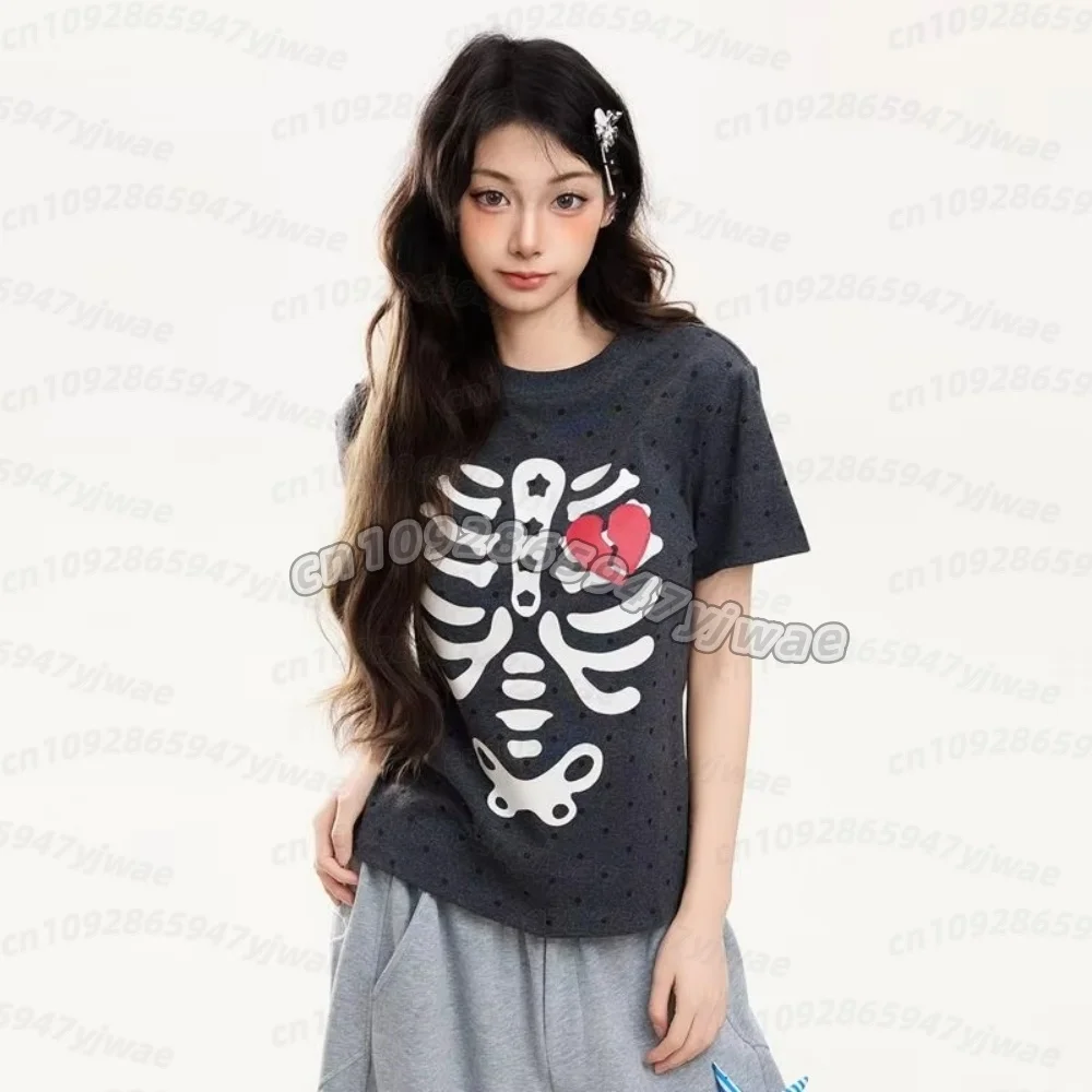 Summer Women's Halloween Skeleton Bones Yami Kawaii Y2K Skull Street Style Short Sleeve T-shirt Halloween Cute  cosplay t-shirtT view 2