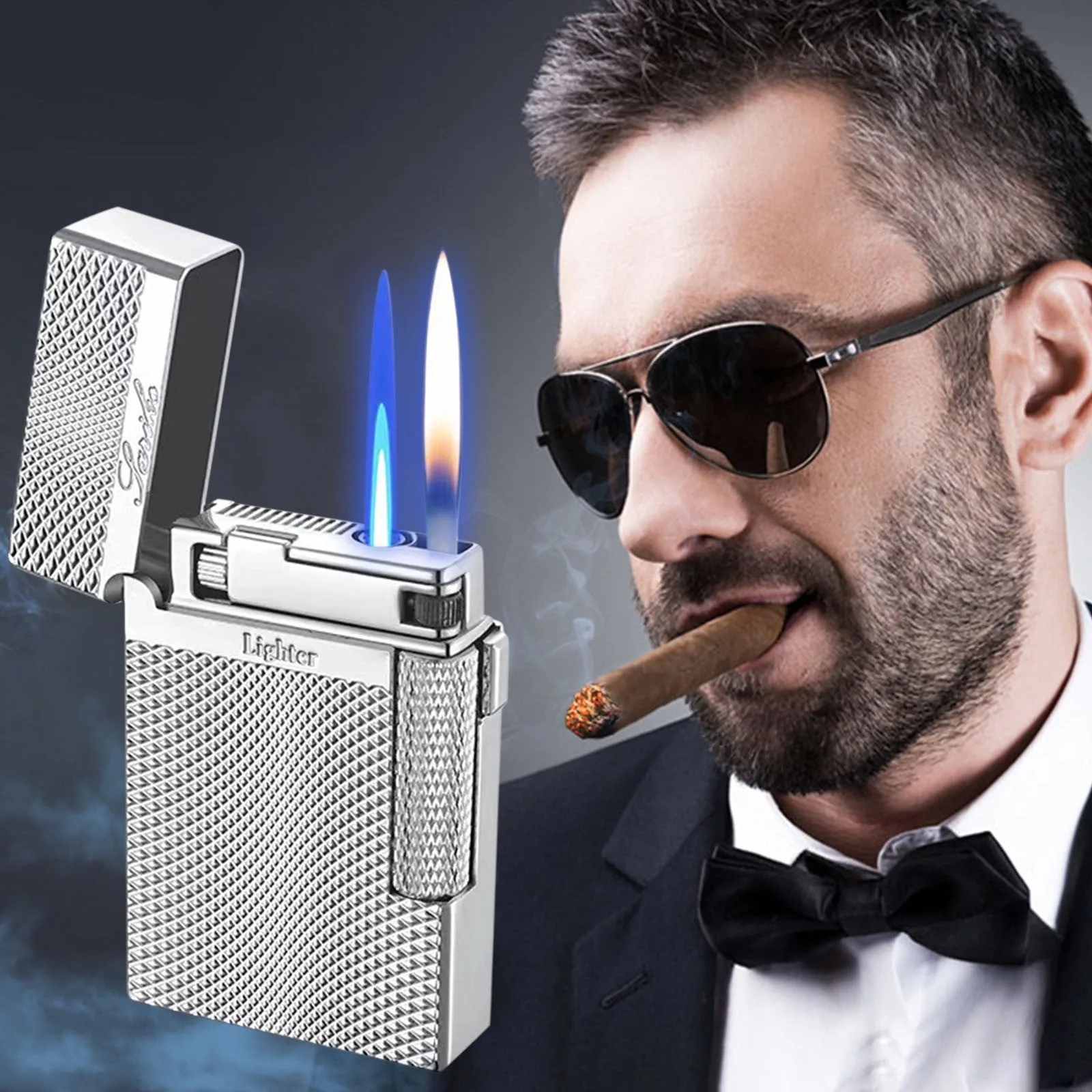 لهب مزدوج يندبروف البيوتان أخف المعادن الغاز أخف المحمولة الشاعل هدية رائعة للرجال والنساء اكسسوارات السجائر