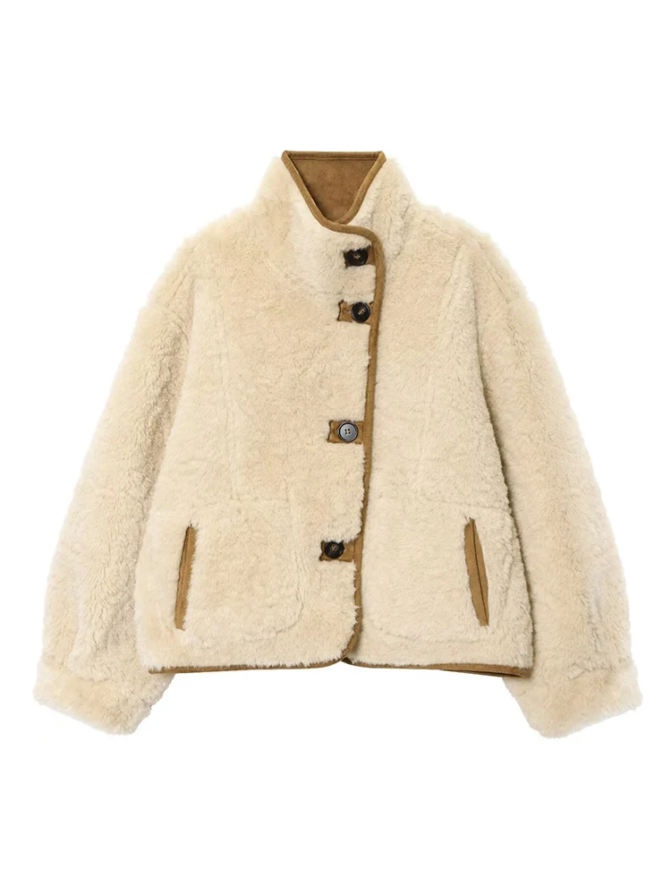 سترة صوف نسائية قابلة للعكس لعام 2025 تصميم جديد مزدوج الجوانب وأكمام طويلة وياقة واقفة وأزرار لأعلى معطف نسائي دافئ غير رسمي