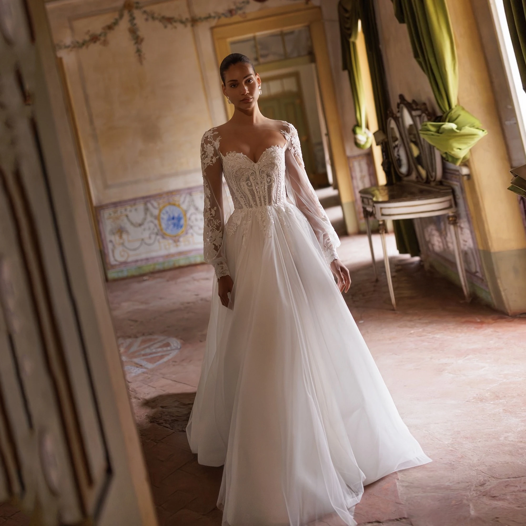 

Customized Lace Wedding Dress O-Neck Puff Sleeve Tulle Princess Bride Gowns vestidos de novia 2025 A-Line Applique Lace Up