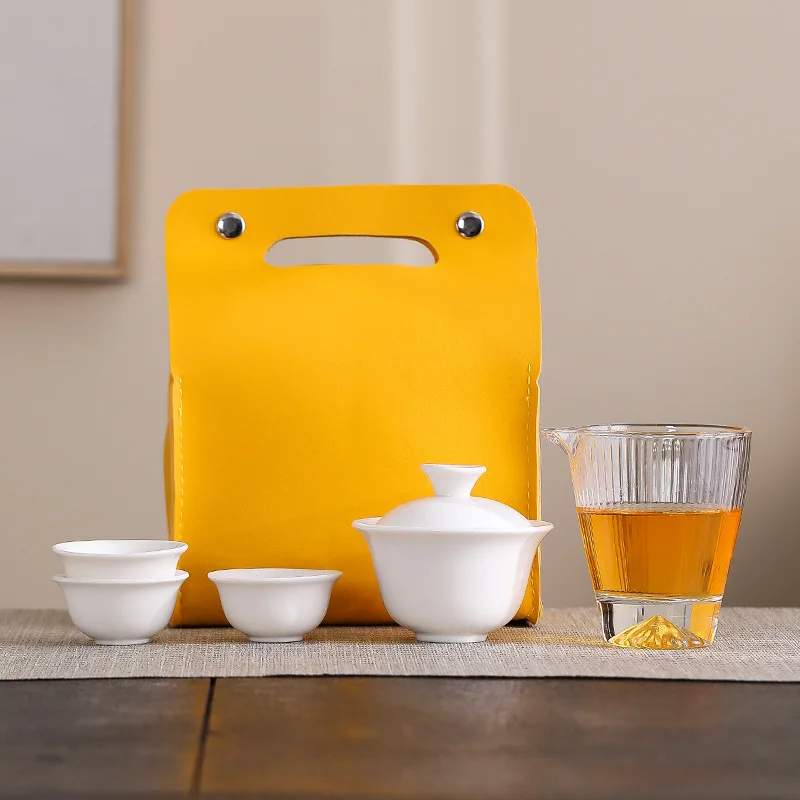 Travel Set Portable White Porcelain Gaiwan Quick Tea One Pot Three Cups Outdoor Trip Ceramic Welfare Business Gift