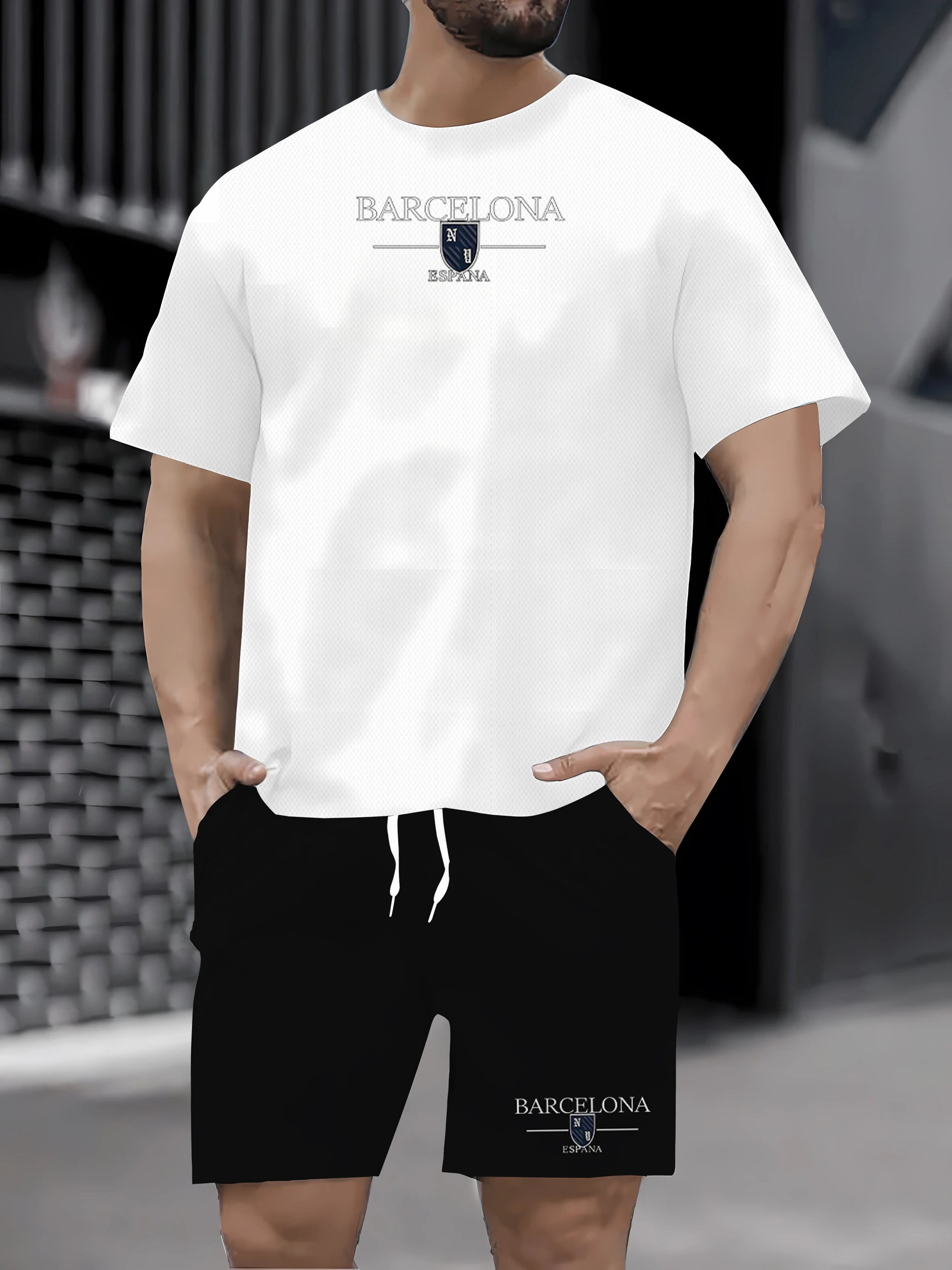 

Novo verão de pesca manga curta terno esportivo de luxo masculino fitness moda casual camiseta + shorts conjunto de duas peças a