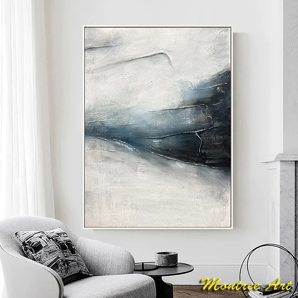 Hand Painted Oil Painting Large Blue Grey Minimalist Oil Painting Original Modern Painting Boho Living Room Wall Art Home Decor