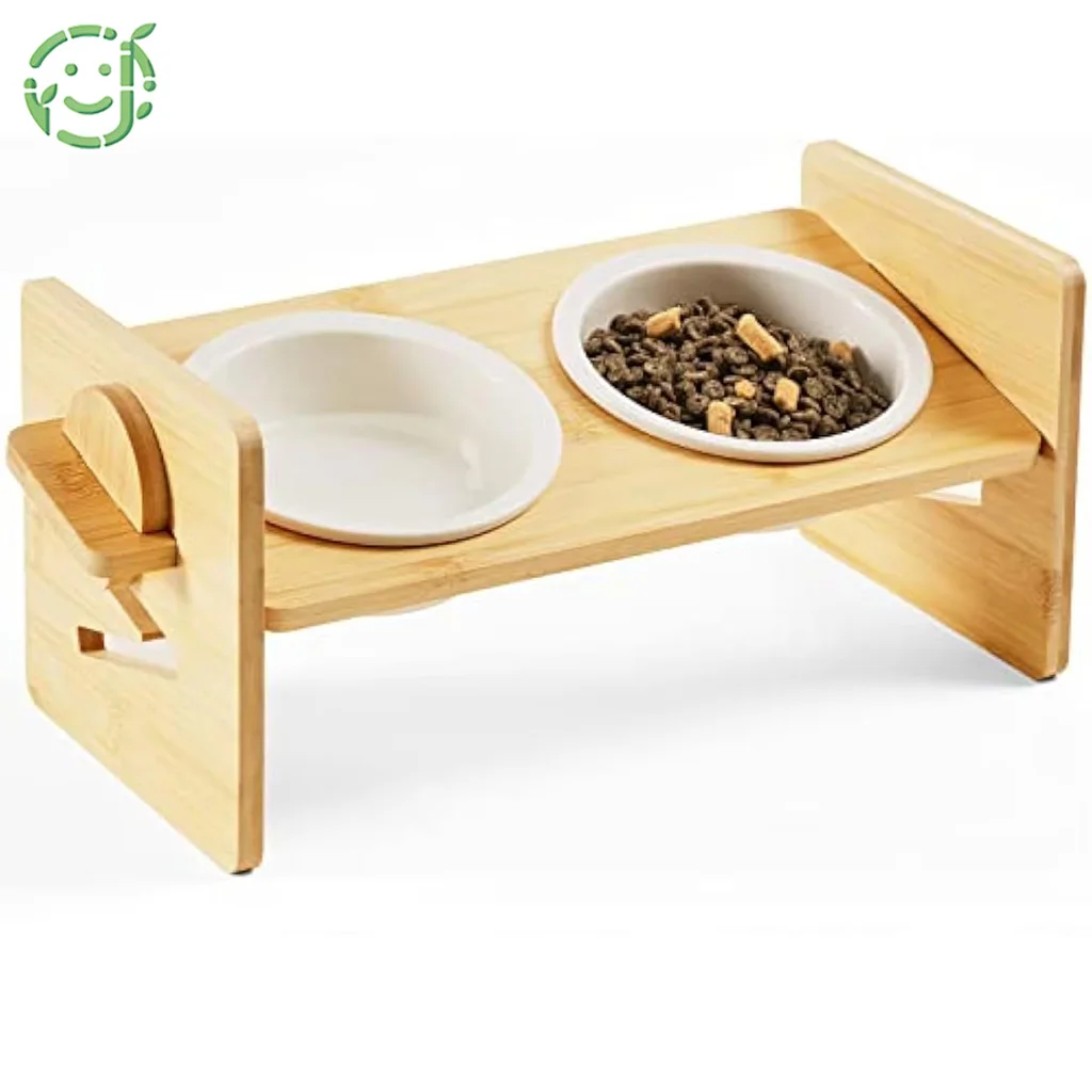

Pet Bowls Rack for Cats & Small Dogs Natural Bamboo Cat Food Dish Bowls Elevated and 15° Tilted Stand for Home