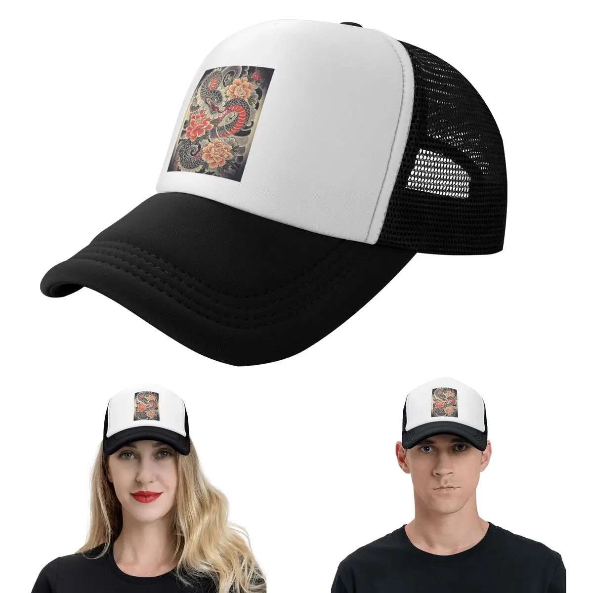 Japanese Art Tattoo Snake Peonies Flower Ink Cap Fashion Mesh Baseball Caps Adjustable Hat Hip Hop Summer Unisex Baseball Hats