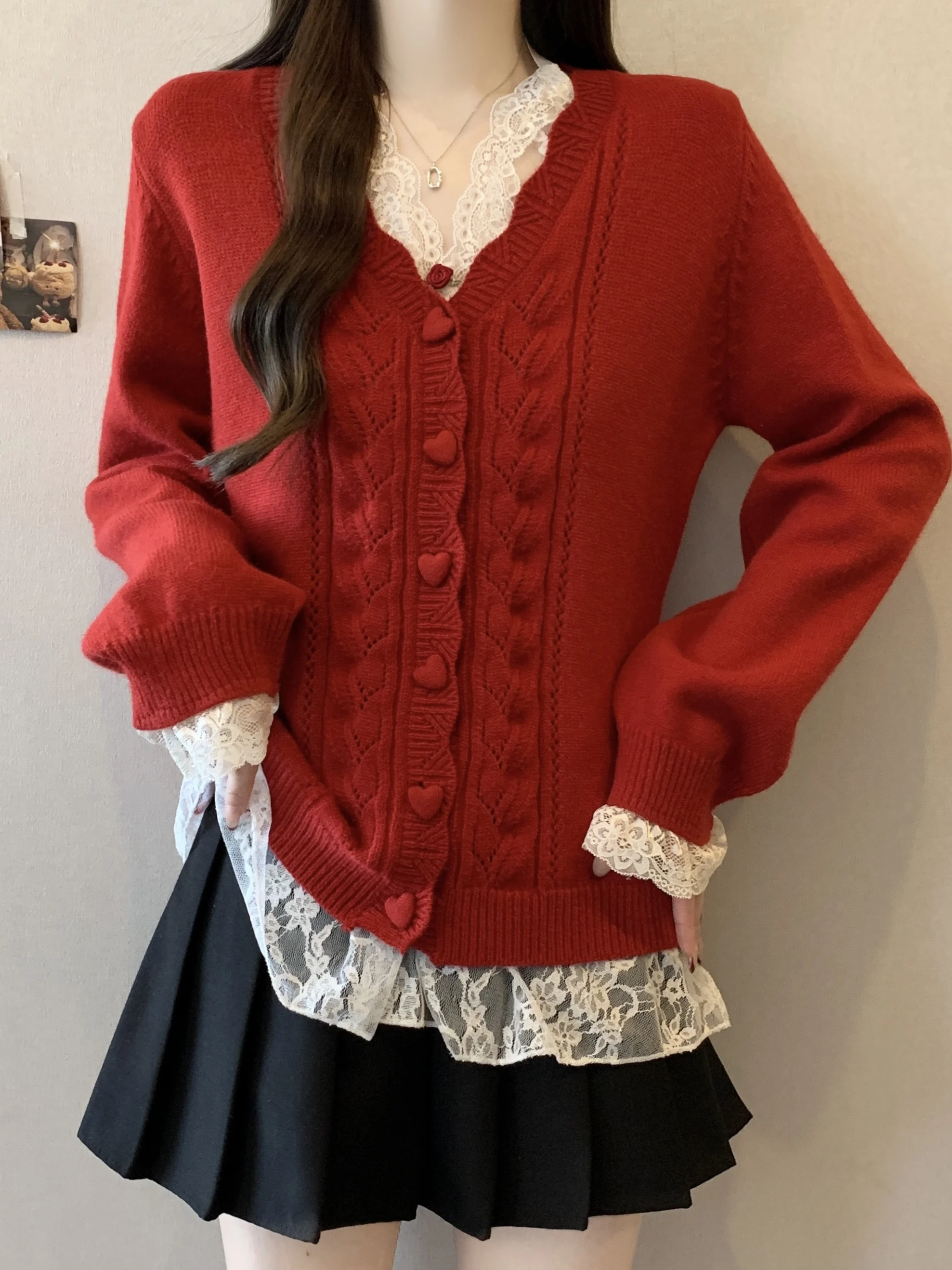 

Spring 2026 Lace Base irt Heart Bule Knitted Cardigan Sweater Outerwear Two-Piece Set Casual Sle Soft Polyester Fiber