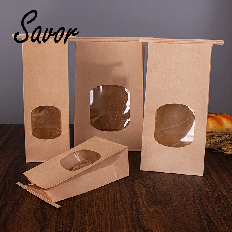 10Pcs Bakery Bags with Clear Window Sealing Grease Proof Kraft Paper Bag for Food Snacks Cookie Coffee Kitchen Accessories