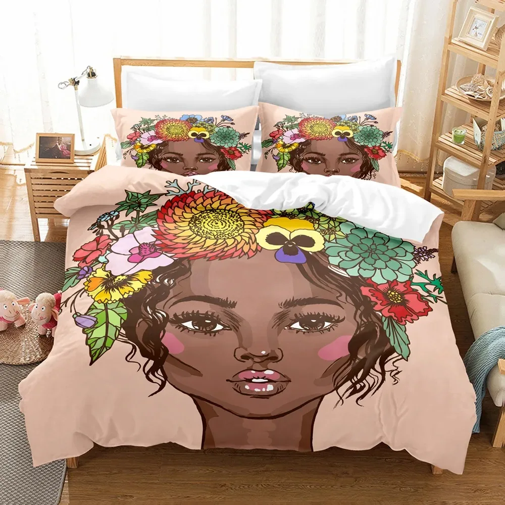 African Duvet Cover Set King Queen Size Modern Stylish Black Woman with Garland Decorative Polyester Bedding Set for Girls Women