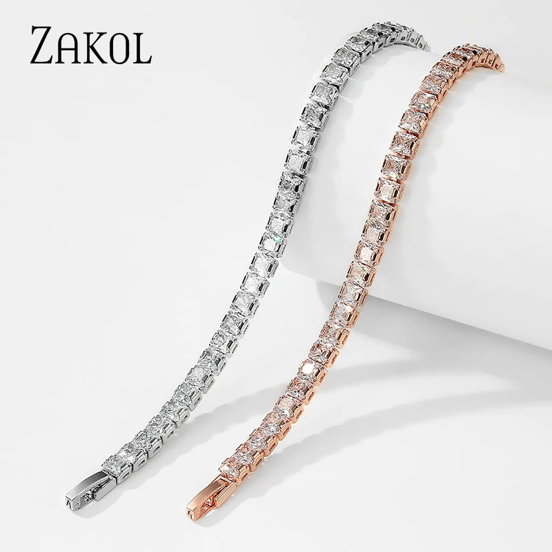 ZAKOL Shinny Square Cubic Zirconia Charm Bracelets for Women Fashion Korea Sliver Color Bracelet Wedding Party Jewelry BP2211