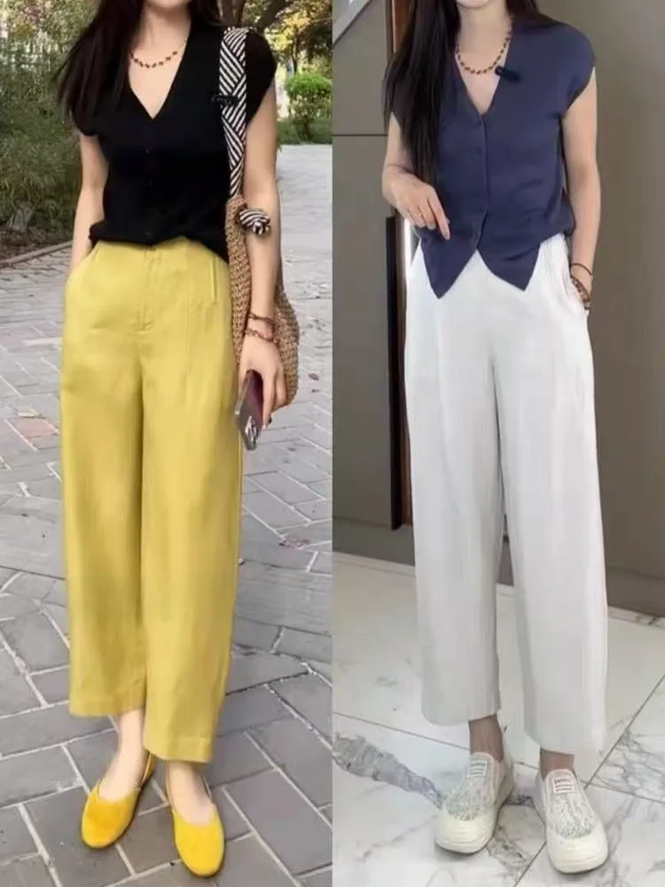 

Summer Thin Straight Leg Balloon Pants plus Size Women's Loose High Waist Nine Points Casual Trousers for Pear Shaped Body