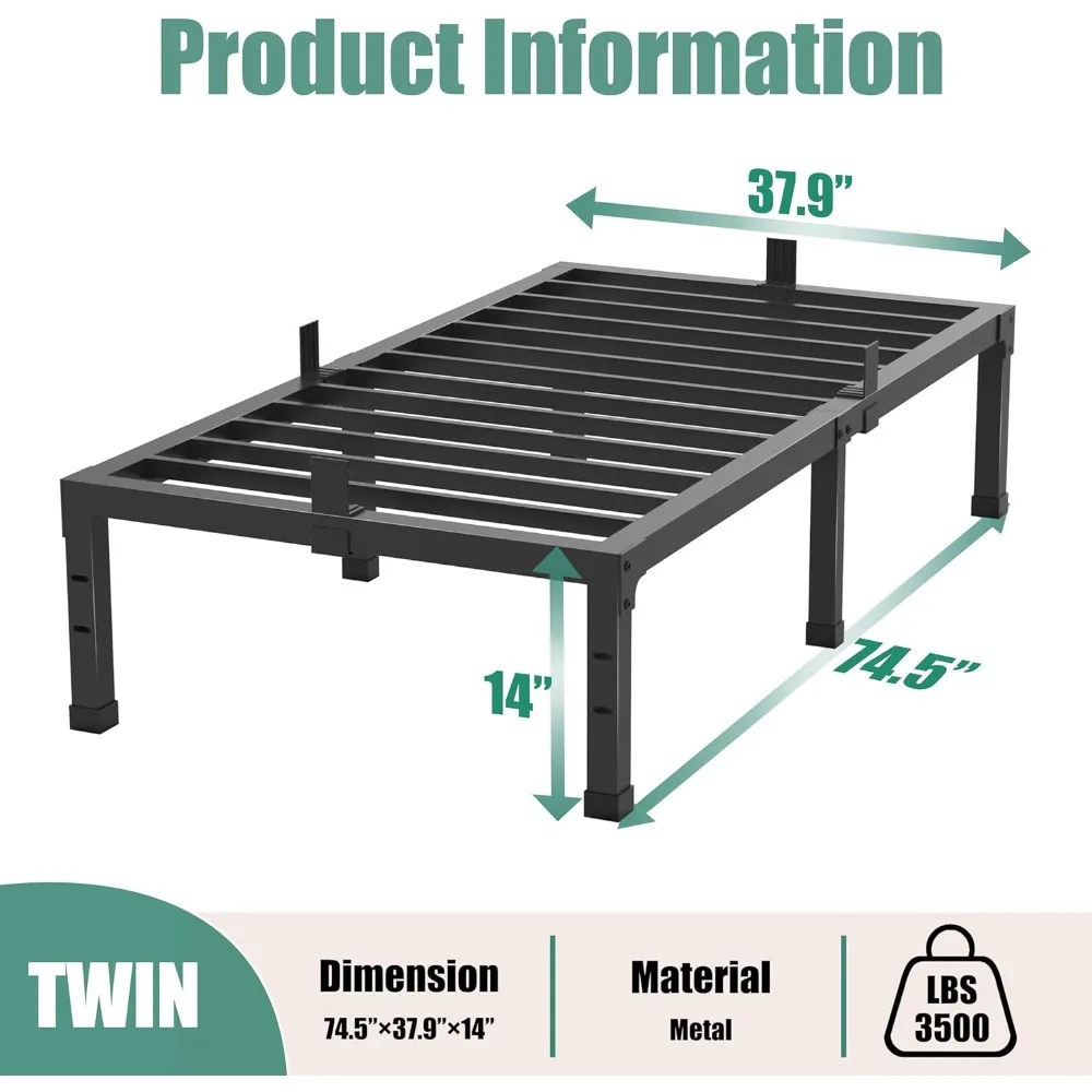 Cadres de lit double, plate-forme métallique robuste de 14 pouces de haut de 3500 lb, base de matelas avec support à lattes en acier/sans sommier