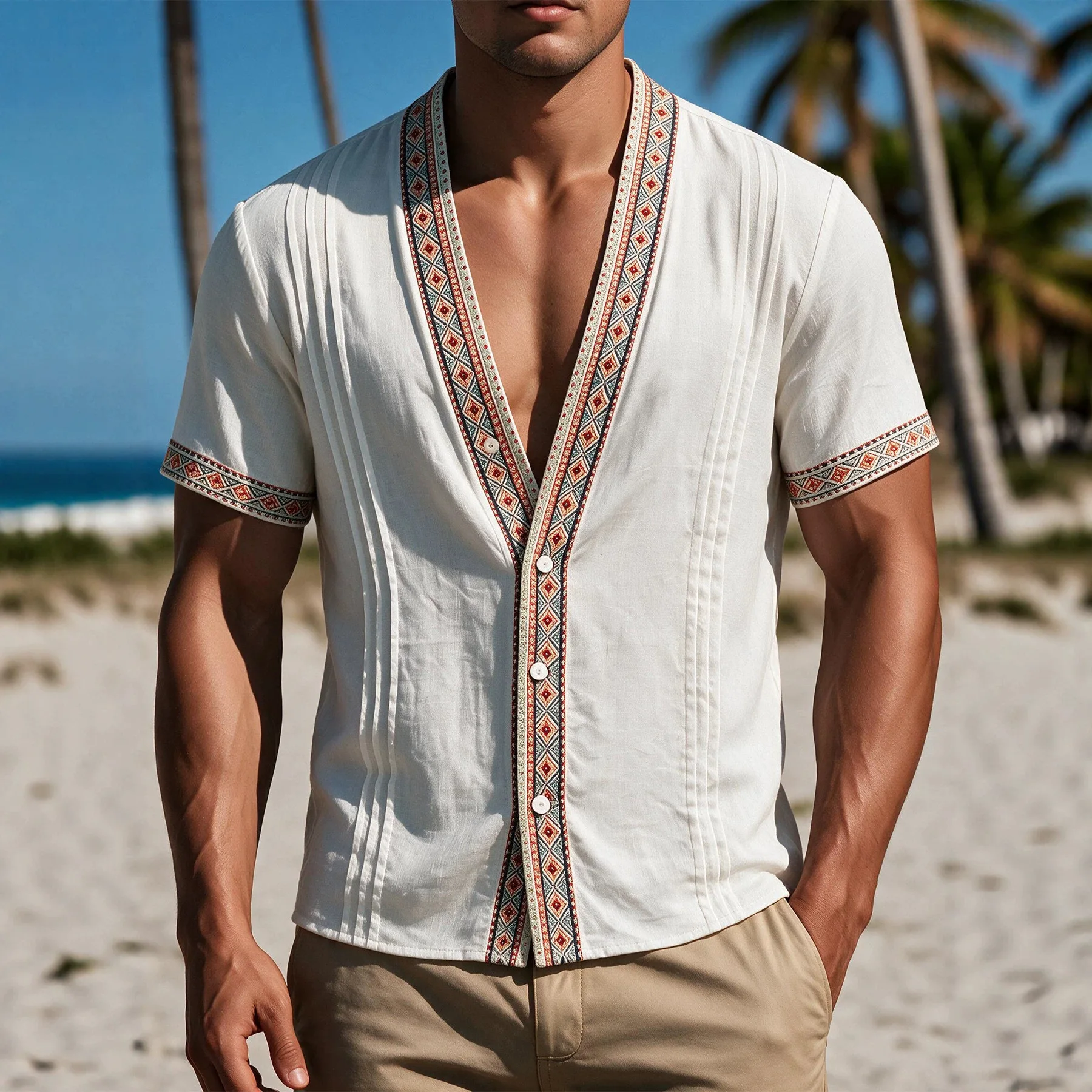 Retro Linen Men's shirt Summer Fashion V-neck Multi button Shirt Hawaii Casual Vacation Fashion patchwork Short sleeved T-Shirt