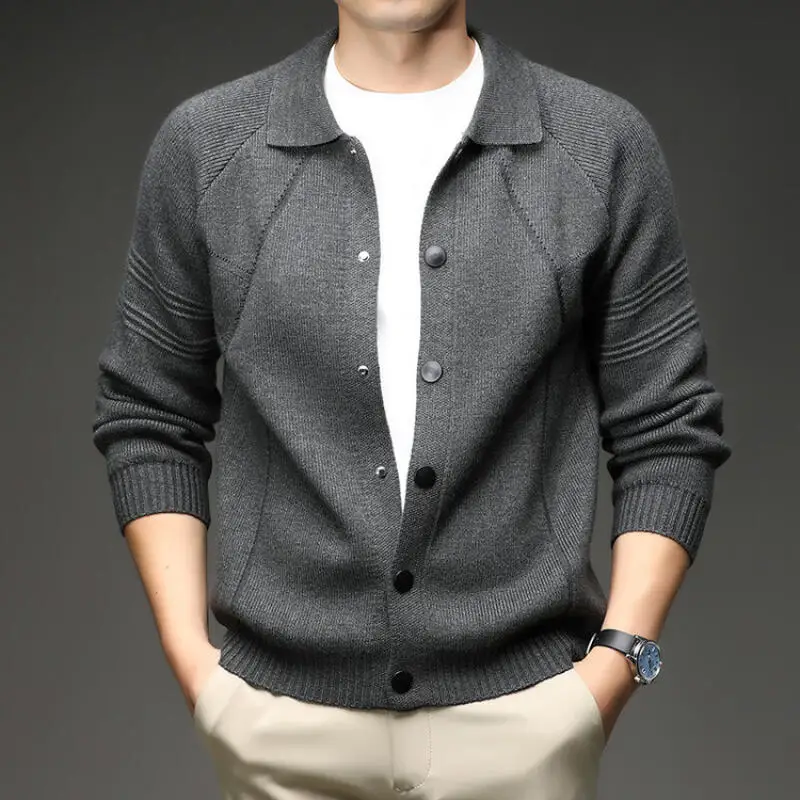 2026 Autumn Winter Mens Long Sleeve Knit Cardigans Fashion Turn Down Collar Smart Casual Knitted Sweatercoat Men Daily Cardigan